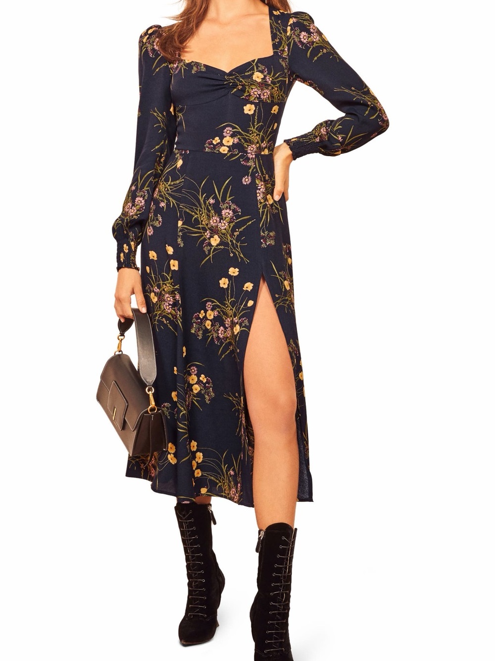 REFORMATION Boho Wallflower Midi Dress Navy Long Sleeve Slit Sweetheart Size 0 - Picture 10 of 16